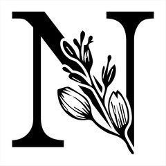Floral botanical alphabet. N Letter with plants and flowers. N letter logo