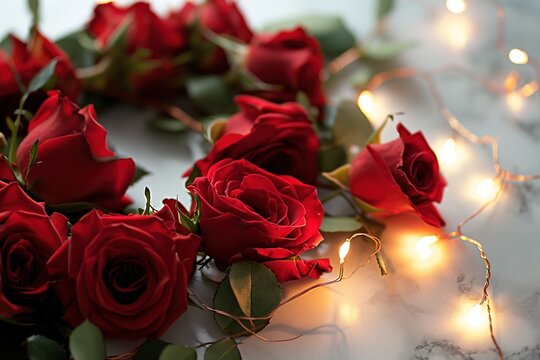 red roses on white background and light orange light bulbs, beautiful, Valentine's Day theme, concept of love, festival