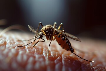 Close-up photo of a mosquito on human skin. Sucking blood, concept, macro, blurred background