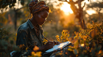 African female leather worker writing notes and using a book note - obrazy, fototapety, plakaty