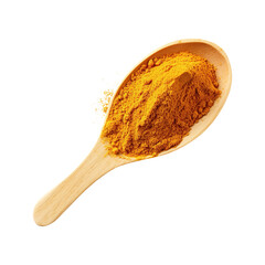 turmeric powder on wooden scoop isolated on transparent background Remove png, Clipping Path, pen tool