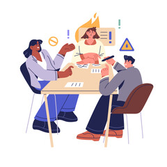 Disagreement in teamwork concept. Office worker team meeting, discusses misunderstandings. Employee hides angry emotions on work negotiation. Flat isolated vector illustration on white background