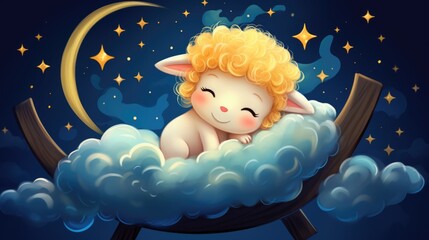Obraz na płótnie Canvas Dreamy illustration of cartoon sheep resting on cloud under starry night sky. Childlike innocence and fantasy.