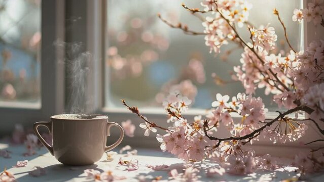 A cup of hot coffee by the window in spring with cherry blossoms. Seamless looping time-lapse virtual video animation background 