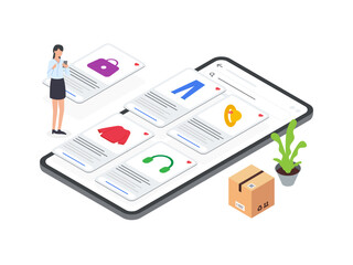 Flat Isometric illustrations of women using smartphones to create wish lists on ecommerce platforms. Perfect for showcasing shopping desires and preferences.