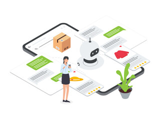 Flat Isometric illustration of Woman chatting with a chatbot on an eCommerce mobile platform. Simplified graphic depicting AI powered customer support.