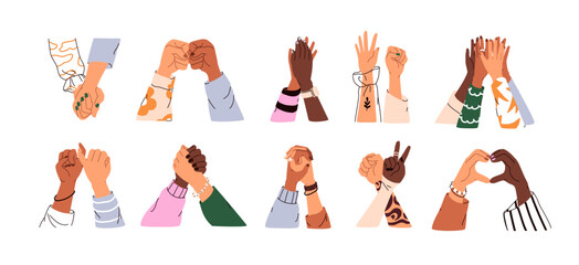 Friend hands together set. Giving high five, fist bump, peace sign, greeting, touching, supporting. Friendship, love relationship concept. Flat graphic vector illustration isolated on white background - obrazy, fototapety, plakaty
