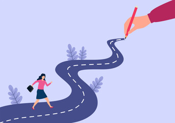 Life path concept. Business way, plan or strategy. New opportunities and self development, life changing decision. New road to destination vector illustration. - obrazy, fototapety, plakaty