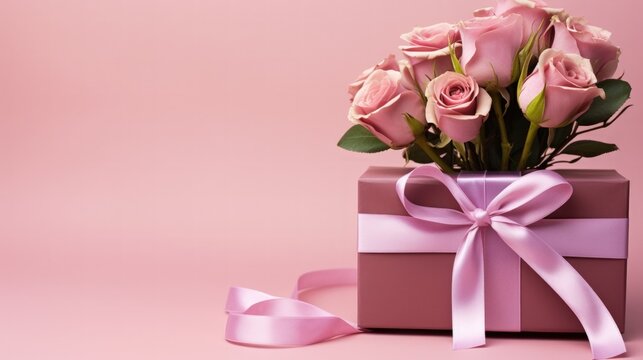 Pink rose flowers and gift box wit ribbon on a pink background. Generate AI image