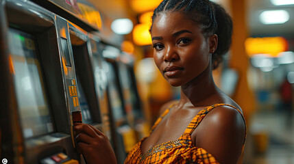 Beautiful African woman using an ATM Beautiful young woman withdraws money from a credit card at an ATM. - obrazy, fototapety, plakaty