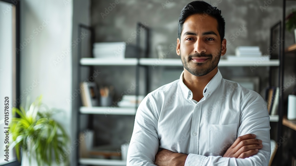 Sticker Formal business male portrait. Confident successful Indian businessman or manager, in white shirt, stands near his work desk in the office, arms crossed, looks directly at camera and smiles friendly