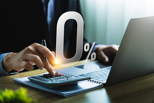 0%, Zero percent commission and interest rate, for special offer of shopping department store and discount. Interest rate, installment payment, promotion, marketing, boost sales,  business strategy