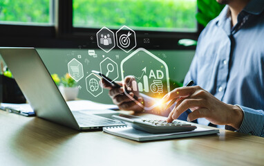 Digital marketing commerce online sale concept, Promotion of products or services through digital channels search engine, social media, email, website, Digital Marketing Strategies and Goals. SEO, PPC