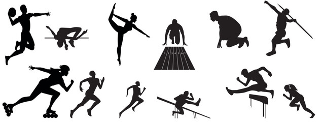 Silhouettes of different men and women performing various sport activities, playing basketball, volleyball, tennis, soccer, football, running.  - obrazy, fototapety, plakaty