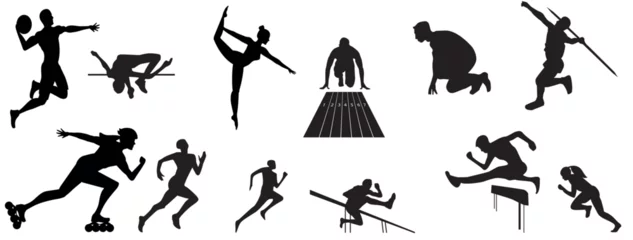 Zelfklevend Fotobehang Silhouettes of different men and women performing various sport activities, playing basketball, volleyball, tennis, soccer, football, running.  © Unknown Artist