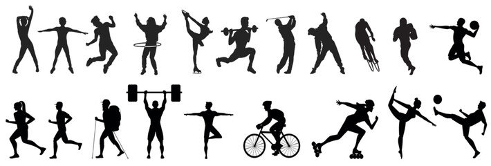 Silhouettes of different men and women performing various sport activities, playing basketball, volleyball, tennis, soccer, football, running. 
