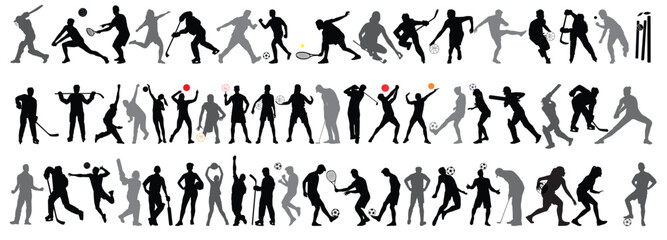 Collection men and women performing various sports activities silhouettes. Bundle of training, exercising people black vector illustrations. 