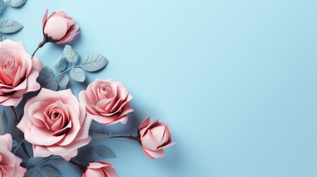Pink rose flower with leaves copy space on blue pastel background. Generate AI image
