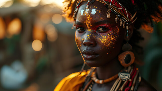 Fashionable face of beautiful African woman wearing yellow, red and white tribal makeup and hair.