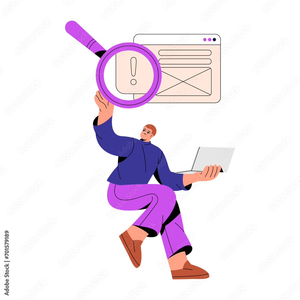 Poster warning sign, error on website. tester searches solution to mistake in internet with magnifier. qa s