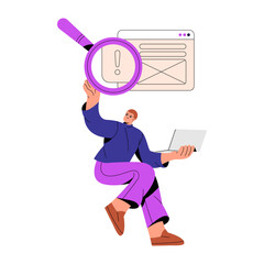 Warning sign, error on website. Tester searches solution to mistake in internet with magnifier. QA solves problem in web. Researcher does online research. Flat isolated vector illustration on white