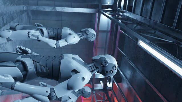vertical of artificial intelligence factory of robot humanoid cyber moving their head side to side futuristic development 3d rendering animation iot ai concept 