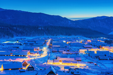 Hemu Village, Snowy Mountains, Forests, and Winter Snow Scenery in Xinjiang Uygur Autonomous...