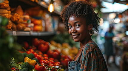 Cheerful African American woman in supermarket selecting fresh groceries