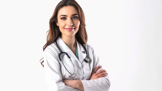 happy beautiful female doctor in medical coat standing with crossed arms isolated on white