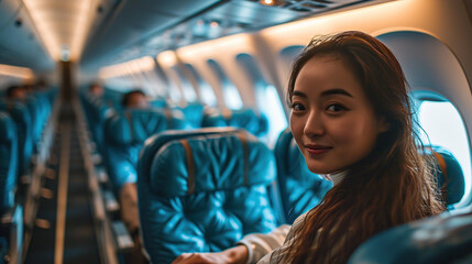 Asian female airplane passenger aircraft operator investment abroad - obrazy, fototapety, plakaty