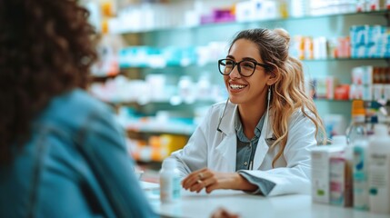 Happy pharmacy woman consultant helping customer with her prescription. Female pharmacist giving instructions to her client in more detail. Understanding customer listening to professional. - obrazy, fototapety, plakaty