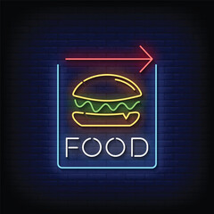 Neon Sign food with brick wall background vector