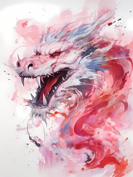 powerful chinese dragon in pink and blue ink and watercolor illustration