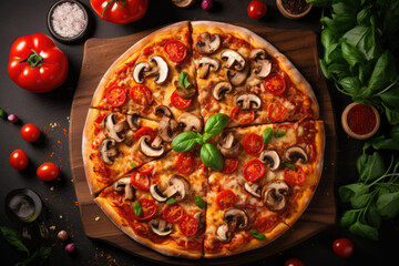 Vegan pizza with mushrooms and tomatoes on wooden table, top view