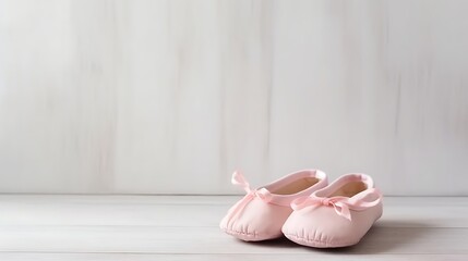 A pair of adorable pink girl's baby shoes arranged against a vintage wooden light gray background. For Baby shower, card design with copy space.