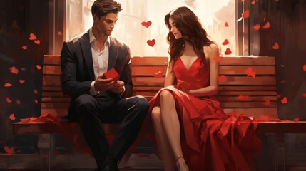 Valentine's day wallpaper with cute cartoon couple - Powered by Adobe