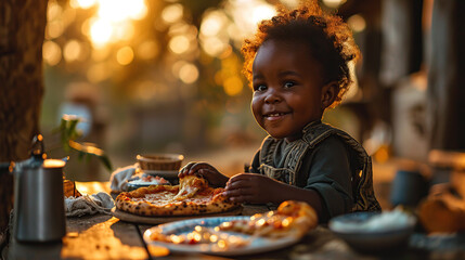 Happy black African child eating pizza on the table