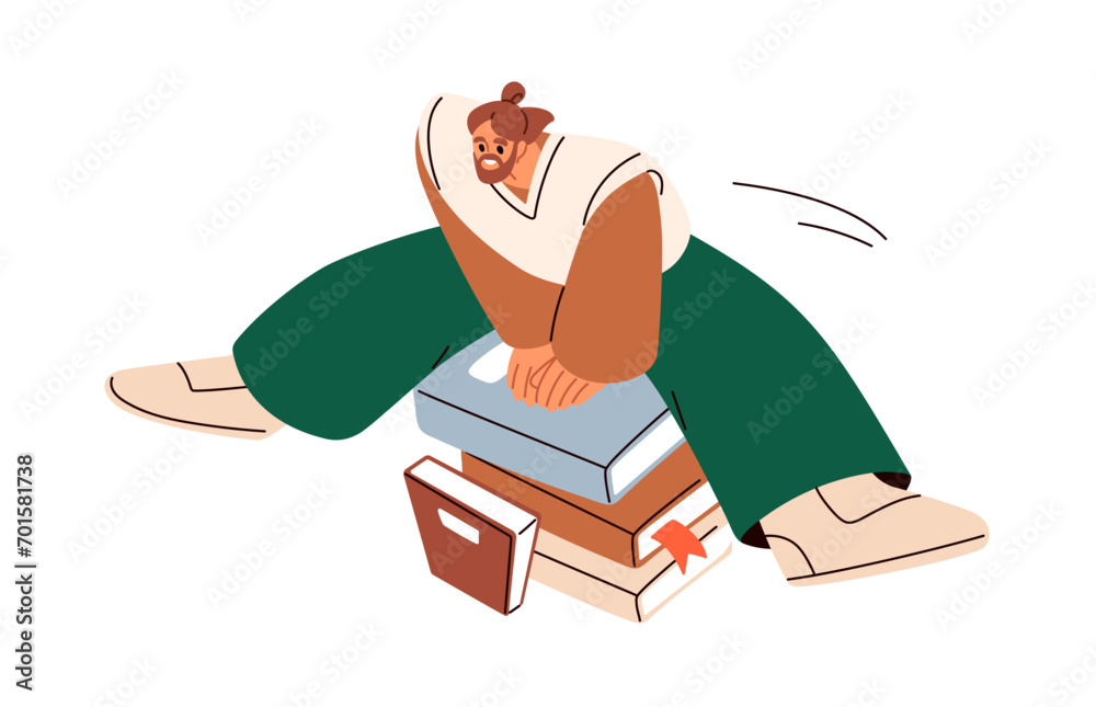 Poster happy man jumping over book stack. knowledge, reading challenge concept. funny student accomplishing