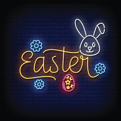 Neon Sign easter with brick wall background vector