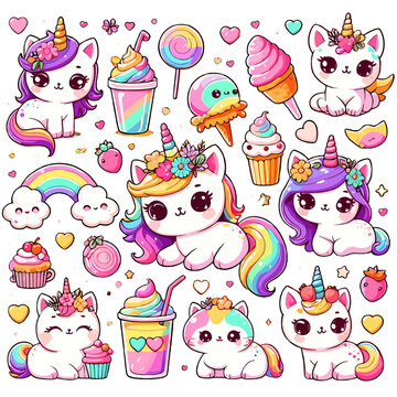 Cute little unicorns cats sweets. Sugar desserts and drinks, fruit milk and fairy animals, kawaii rainbow pets with cupcakes