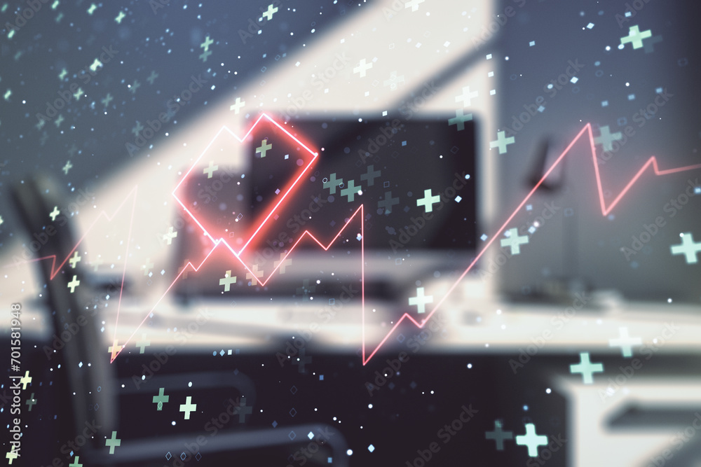 Poster creative abstract heart rate sketch and modern desk with computer on background, medicine and health