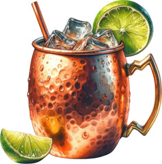Moscow Mule, Hyper Realistic Watercolor Style of Moscow Mule, One of the Famous Cocktail drinks BIG PNG Clipart, High Quality Transparent Backgrounds