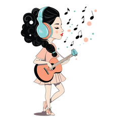 Acoustic guitar with cute girl vector design.poster illustration