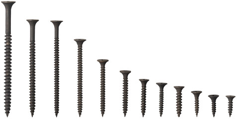 set of different size metal screws isolated on white background, drywall screws with black...