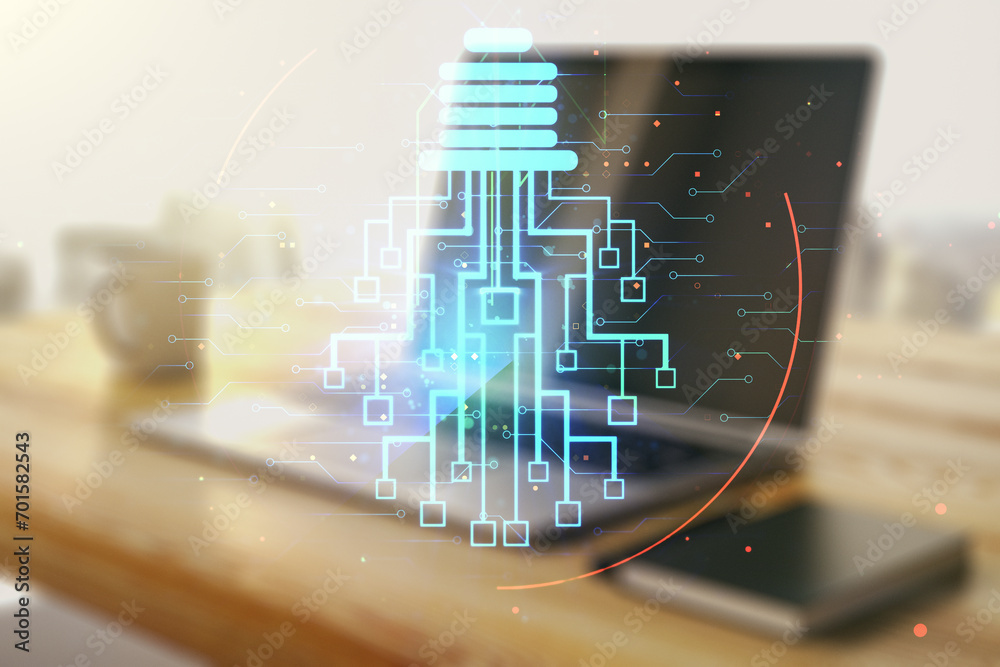 Poster creative light bulb illustration with microcircuit and modern desktop with pc on background, future 