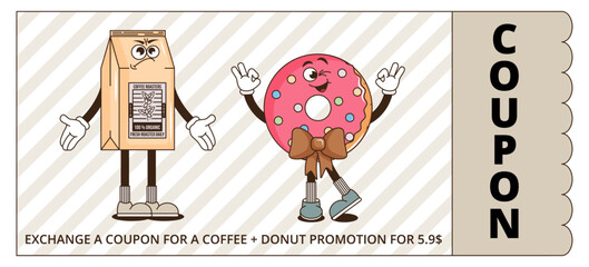 Funky groovy cartoon character Coffee, Donat promotion gift coupon. Vintage funny mascot patch psychedelic smile, emotion. Design art cafe, bar, restaurant. Comic trendy vector illustration 90s style