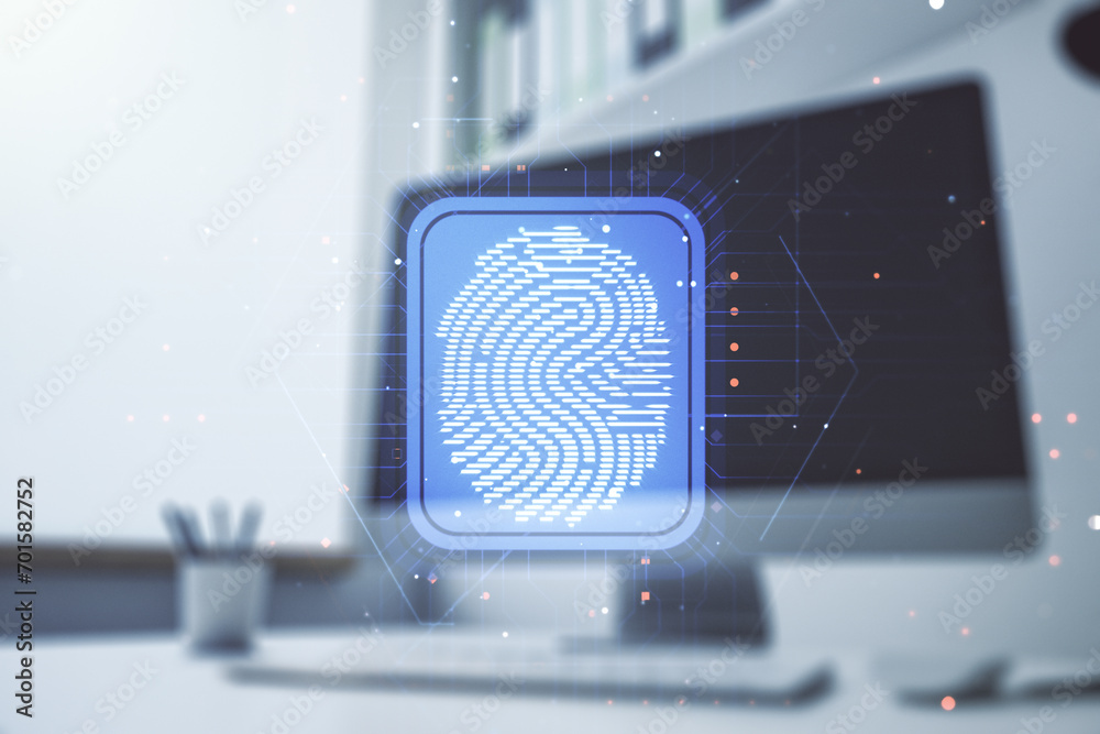 Poster double exposure of abstract creative fingerprint hologram and modern desktop with laptop on backgrou