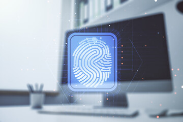 Double exposure of abstract creative fingerprint hologram and modern desktop with laptop on...