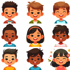Set of children avatars. Bundle of smiling faces of boys and girls with different hairstyles, skin colors and ethnicities - obrazy, fototapety, plakaty