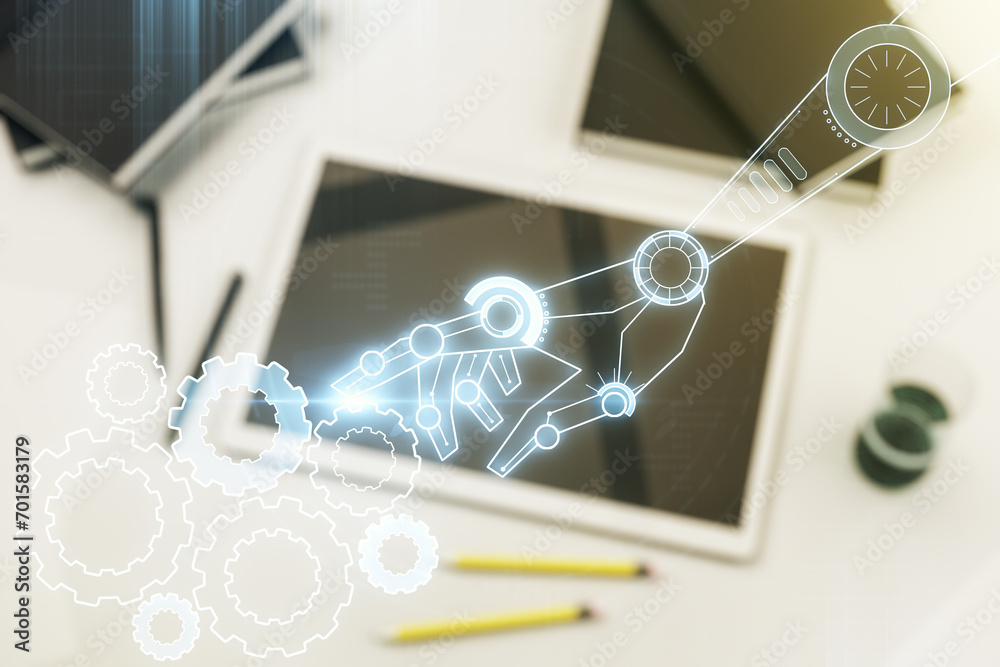 Leinwandbilder creative abstract robotics technology sketch and modern digital tablet on background, future technol